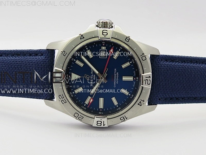 Avenger Chronometer 42mm GMT SS BLSF 1:1 Best Version Blue Dial On Blue Nylon Strap A2836