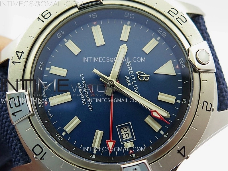 Avenger Chronometer 42mm GMT SS BLSF 1:1 Best Version Blue Dial On Blue Nylon Strap A2836