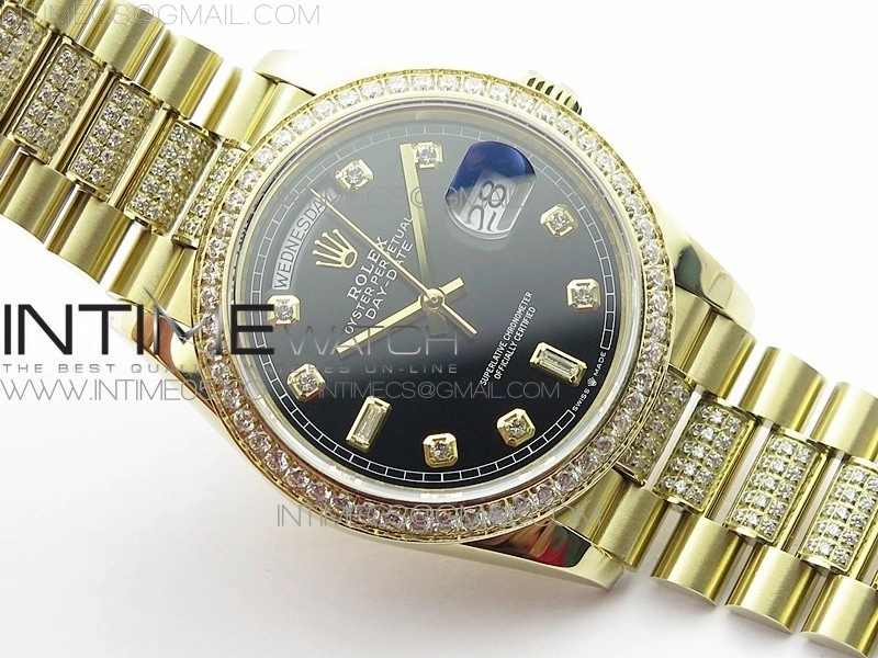 Day-Date 36 128235 YG Crystal BP Best Edition Black Crystal Marker Dial on YG President Bracelet A2836
