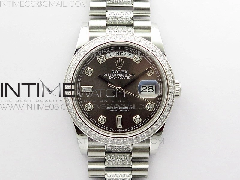 Day-Date 36 128239 SS Crystal BP Best Edition Gray Crystal Markers Dial on SS President Bracelet A2836