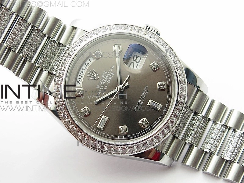 Day-Date 36 128239 SS Crystal BP Best Edition Gray Crystal Markers Dial on SS President Bracelet A2836