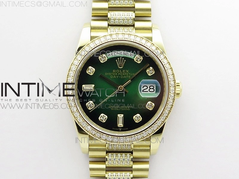 Day-Date 36 128235 YG Crystal BP Best Edition Green Crystal Marker Dial on YG President Bracelet A2836