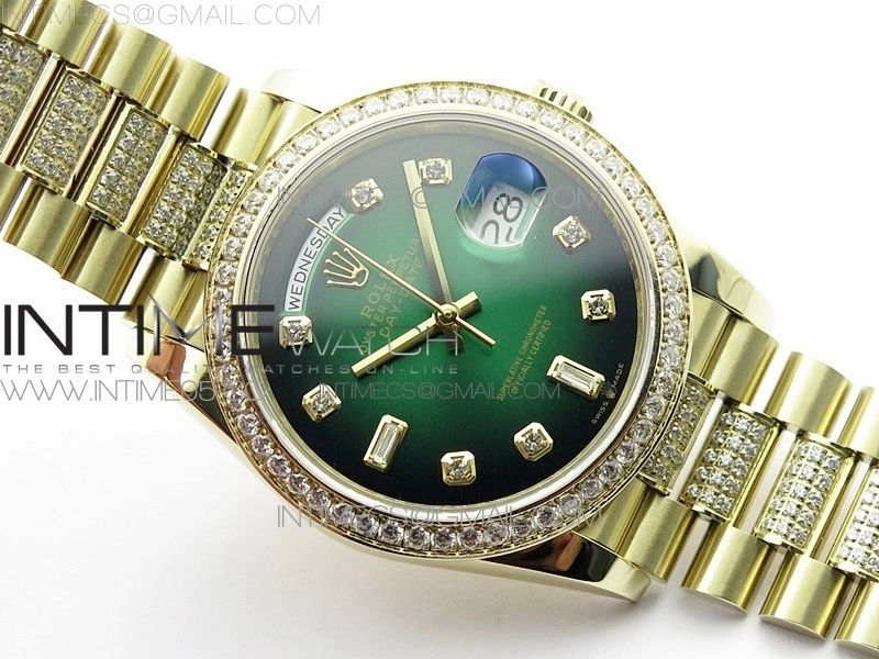 Day-Date 36 128235 YG Crystal BP Best Edition Green Crystal Marker Dial on YG President Bracelet A2836