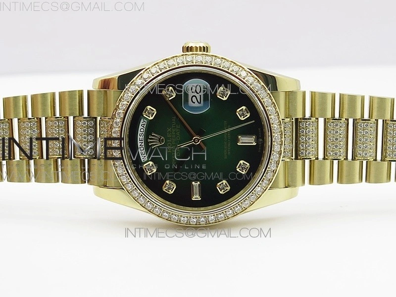 Day-Date 36 128235 YG Crystal BP Best Edition Green Crystal Marker Dial on YG President Bracelet A2836