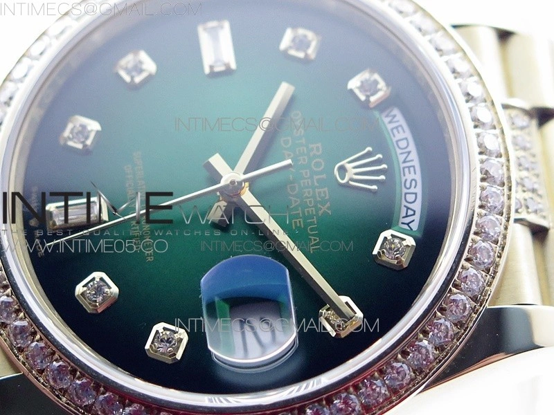 Day-Date 36 128235 YG Crystal BP Best Edition Green Crystal Marker Dial on YG President Bracelet A2836