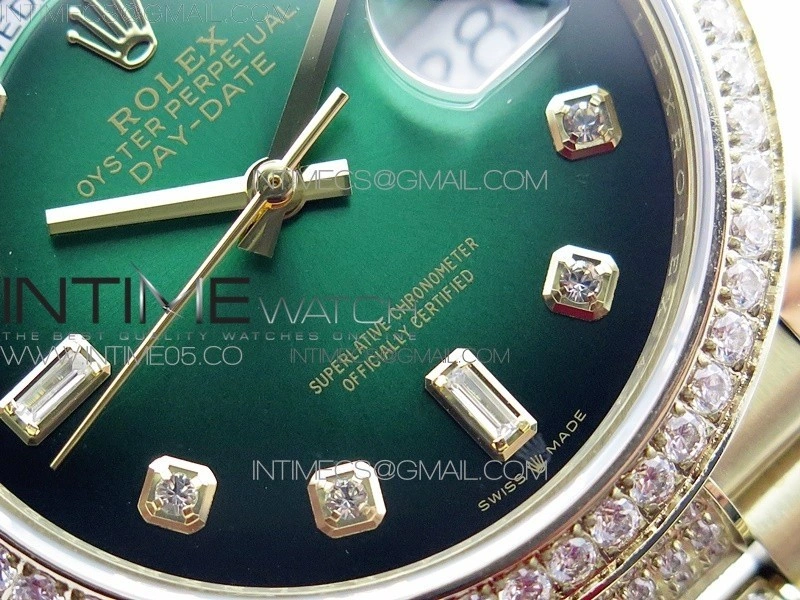 Day-Date 36 128235 YG Crystal BP Best Edition Green Crystal Marker Dial on YG President Bracelet A2836