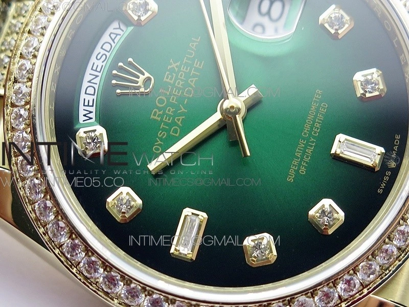 Day-Date 36 128235 YG Crystal BP Best Edition Green Crystal Marker Dial on YG President Bracelet A2836