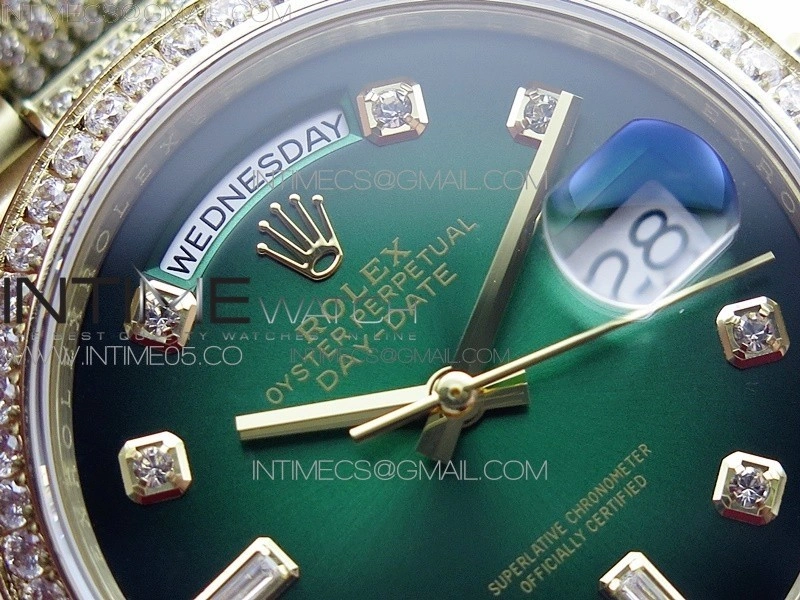 Day-Date 36 128235 YG Crystal BP Best Edition Green Crystal Marker Dial on YG President Bracelet A2836