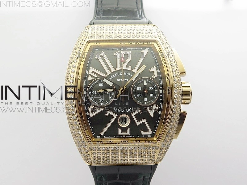 Vanguard V45 Chrono RG Pave Crystals Gold Inner Bezel ABF Best Edition Black Dial on Black Gummy Strap A7750