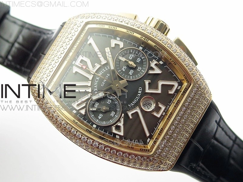 Vanguard V45 Chrono RG Pave Crystals Gold Inner Bezel ABF Best Edition Black Dial on Black Gummy Strap A7750