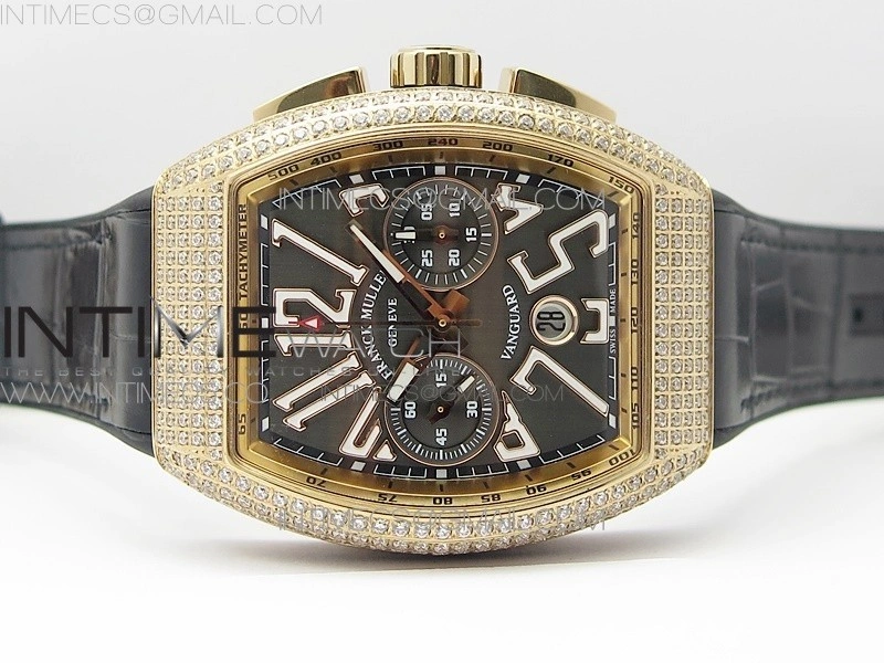 Vanguard V45 Chrono RG Pave Crystals Gold Inner Bezel ABF Best Edition Black Dial on Black Gummy Strap A7750