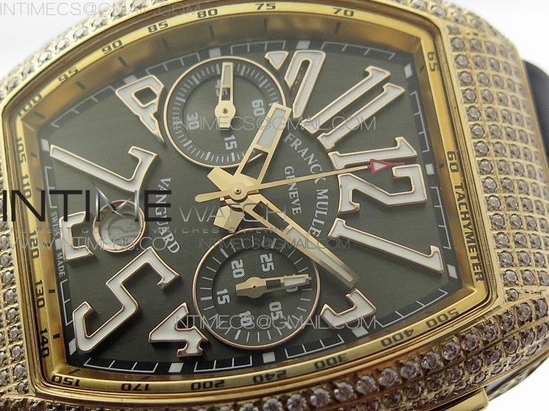 Vanguard V45 Chrono RG Pave Crystals Gold Inner Bezel ABF Best Edition Black Dial on Black Gummy Strap A7750