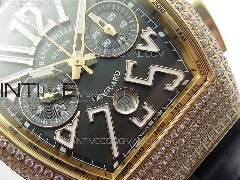 Vanguard V45 Chrono RG Pave Crystals Gold Inner Bezel ABF Best Edition Black Dial on Black Gummy Strap A7750