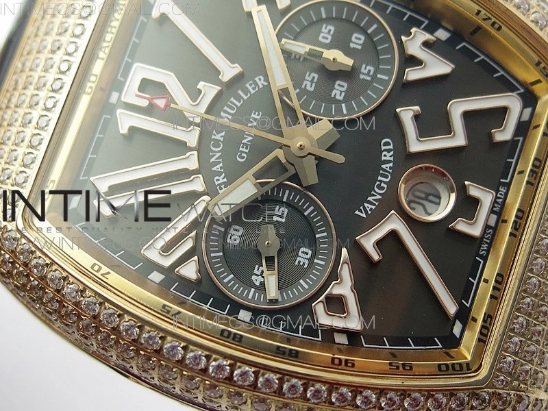 Vanguard V45 Chrono RG Pave Crystals Gold Inner Bezel ABF Best Edition Black Dial on Black Gummy Strap A7750