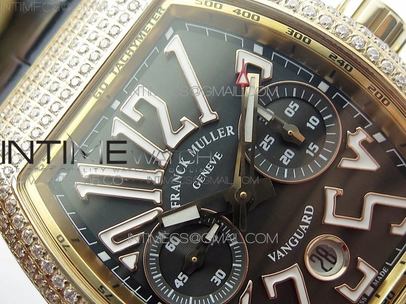 Vanguard V45 Chrono RG Pave Crystals Gold Inner Bezel ABF Best Edition Black Dial on Black Gummy Strap A7750