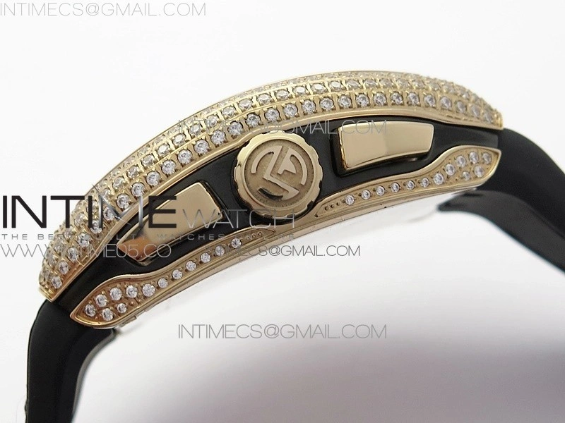 Vanguard V45 Chrono RG Pave Crystals Gold Inner Bezel ABF Best Edition Black Dial on Black Gummy Strap A7750
