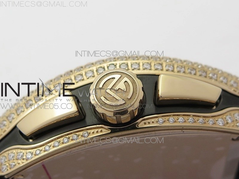 Vanguard V45 Chrono RG Pave Crystals Gold Inner Bezel ABF Best Edition Black Dial on Black Gummy Strap A7750