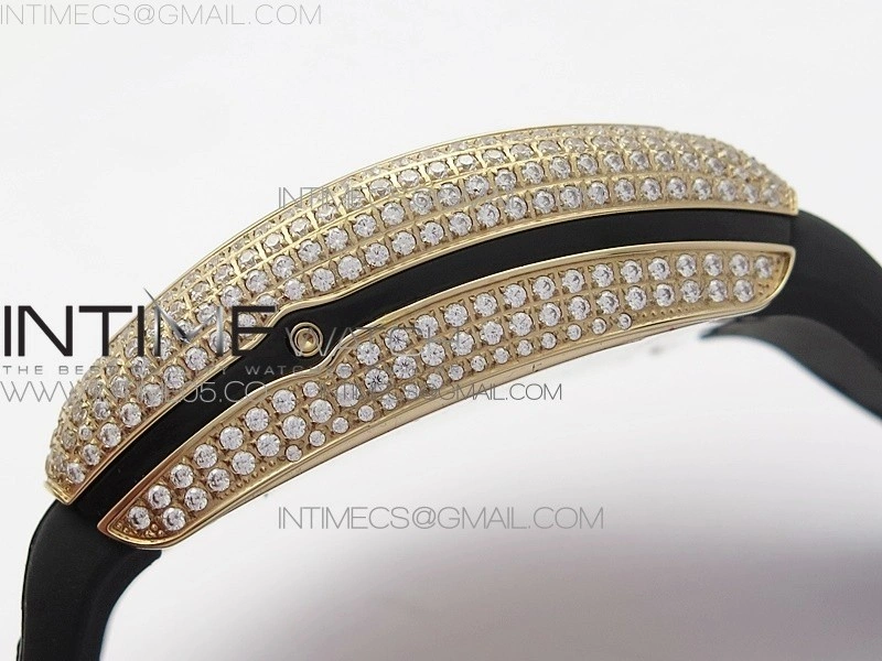 Vanguard V45 Chrono RG Pave Crystals Gold Inner Bezel ABF Best Edition Black Dial on Black Gummy Strap A7750