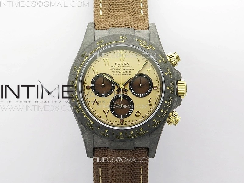 Daytona DIW Carbon DIWF Best Edition Gold Dial Arabic Markers on Brown Nylon Strap A7750