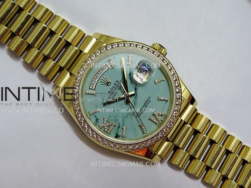 Day Date 128348 YG Gain Weight KF 1:1 Turquoise Dial On President Bracelet A2836