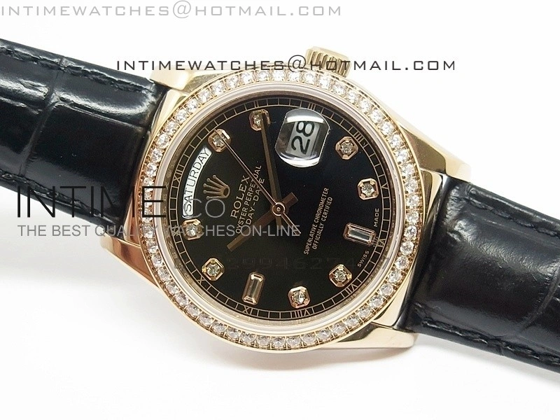 DayDate RG 36mm Black Dial Diamond Bezel On Leather Strap