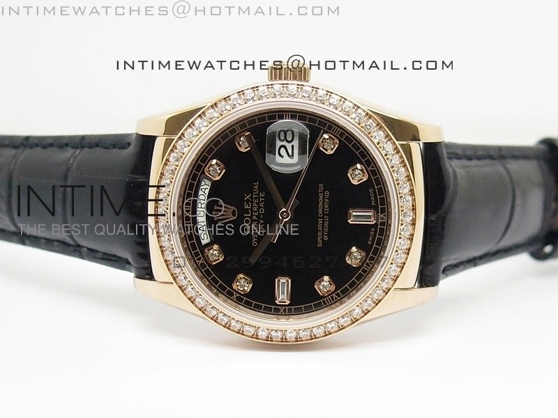 DayDate RG 36mm Black Dial Diamond Bezel On Leather Strap