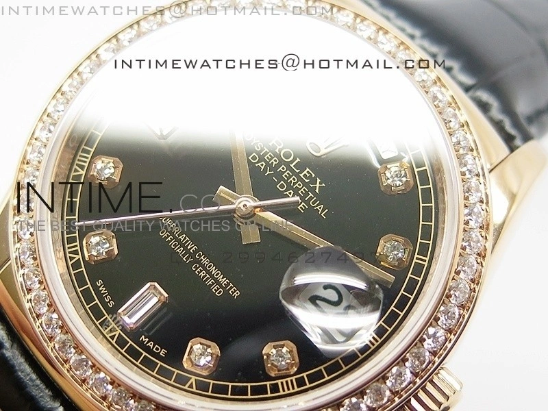 DayDate RG 36mm Black Dial Diamond Bezel On Leather Strap