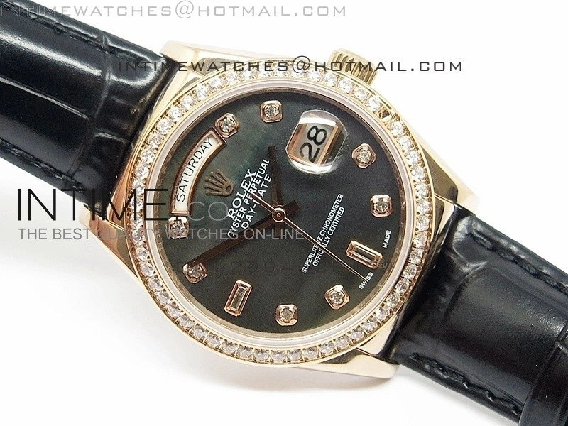 DayDate RG 36mm Black MOP Dial Diamond Bezel On Leather Strap