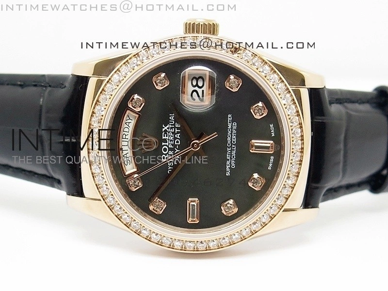 DayDate RG 36mm Black MOP Dial Diamond Bezel On Leather Strap