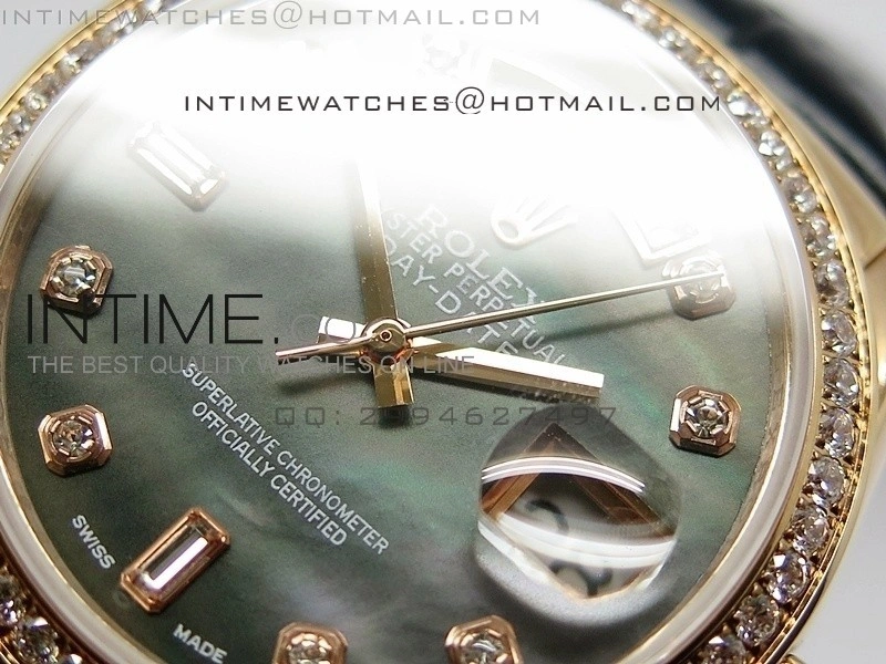 DayDate RG 36mm Black MOP Dial Diamond Bezel On Leather Strap