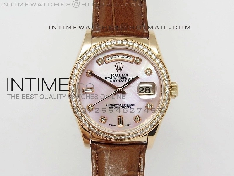 DayDate RG 36mm Pink MOP Dial Diamond Bezel On Leather Strap