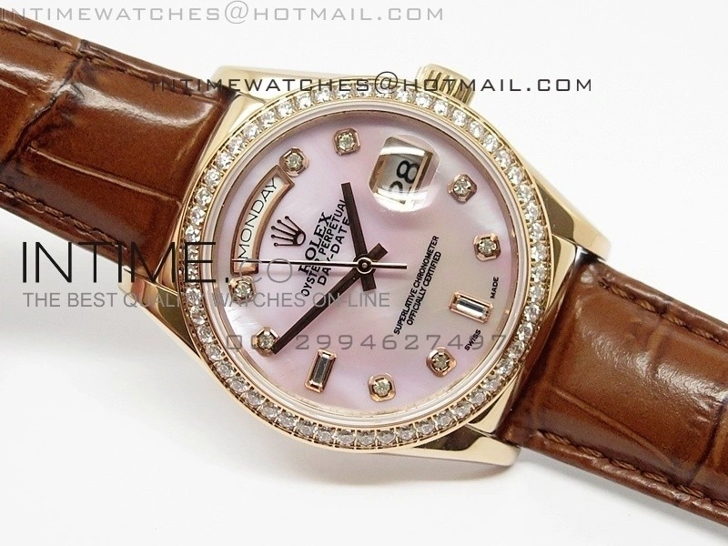 DayDate RG 36mm Pink MOP Dial Diamond Bezel On Leather Strap