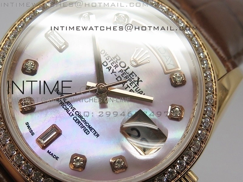 DayDate RG 36mm Pink MOP Dial Diamond Bezel On Leather Strap