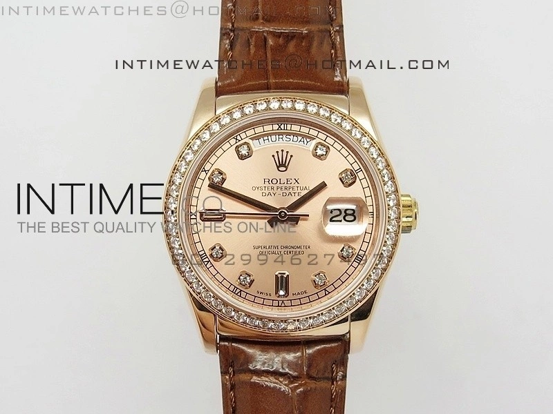DayDate RG 36mm Rose Gold Dial Diamond Bezel On Leather Strap