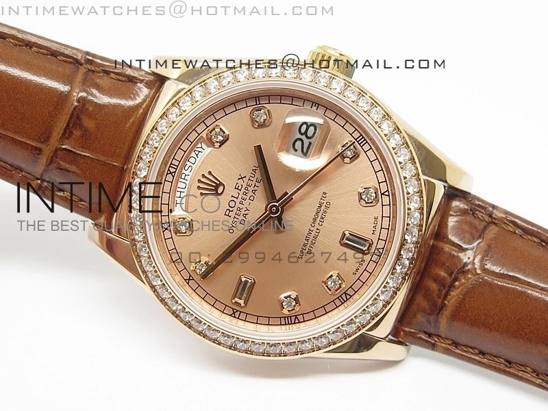 DayDate RG 36mm Rose Gold Dial Diamond Bezel On Leather Strap