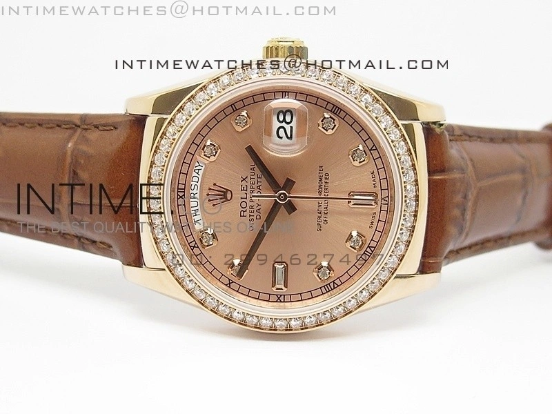 DayDate RG 36mm Rose Gold Dial Diamond Bezel On Leather Strap