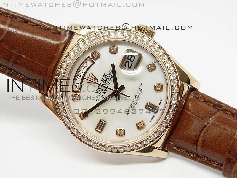 DayDate RG 36mm White MOP Dial Diamond Bezel On Leather Strap