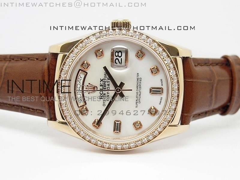 DayDate RG 36mm White MOP Dial Diamond Bezel On Leather Strap