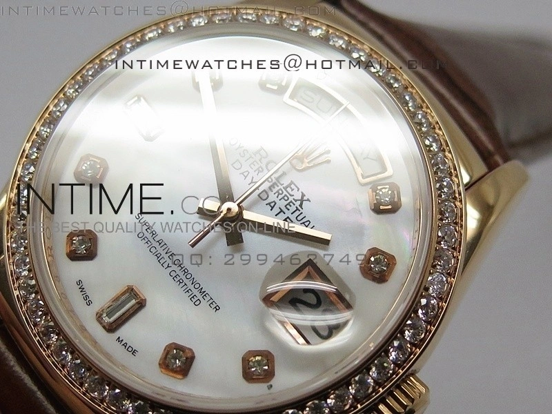 DayDate RG 36mm White MOP Dial Diamond Bezel On Leather Strap