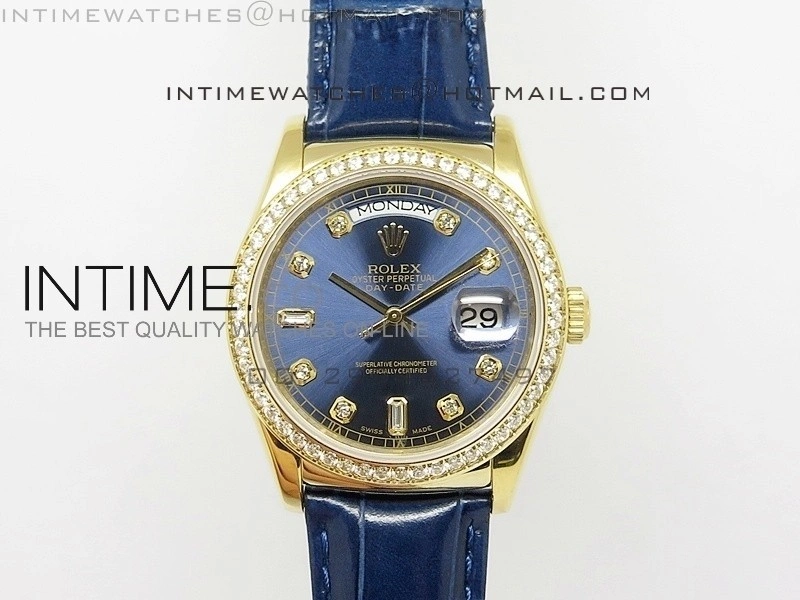 DayDate YG 36mm Blue Dial Diamond Bezel On Leather Strap