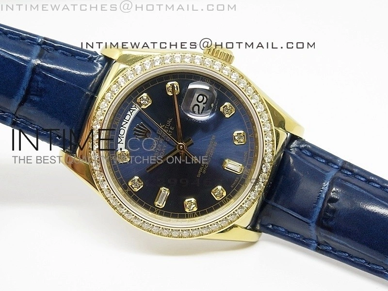 DayDate YG 36mm Blue Dial Diamond Bezel On Leather Strap