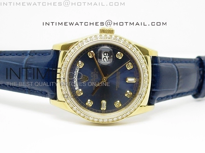 DayDate YG 36mm Blue Dial Diamond Bezel On Leather Strap