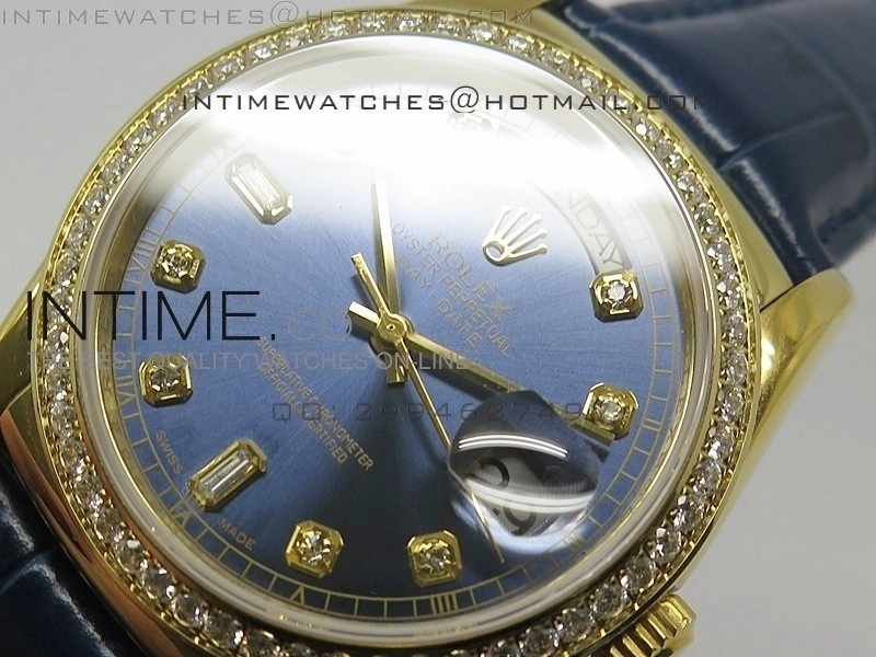 DayDate YG 36mm Blue Dial Diamond Bezel On Leather Strap