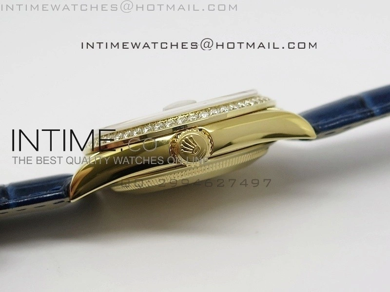 DayDate YG 36mm Blue Dial Diamond Bezel On Leather Strap