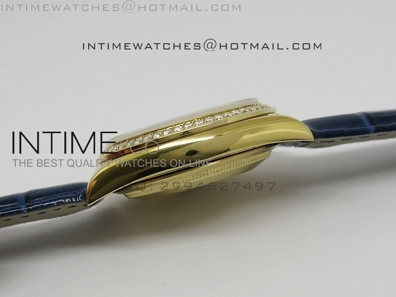 DayDate YG 36mm Blue Dial Diamond Bezel On Leather Strap