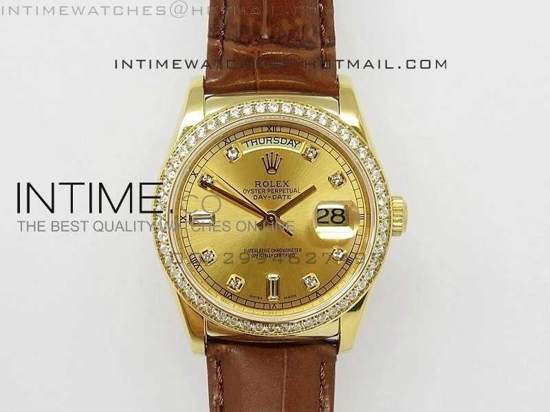 DayDate YG 36mm Gold Dial Diamond Bezel On Leather Strap