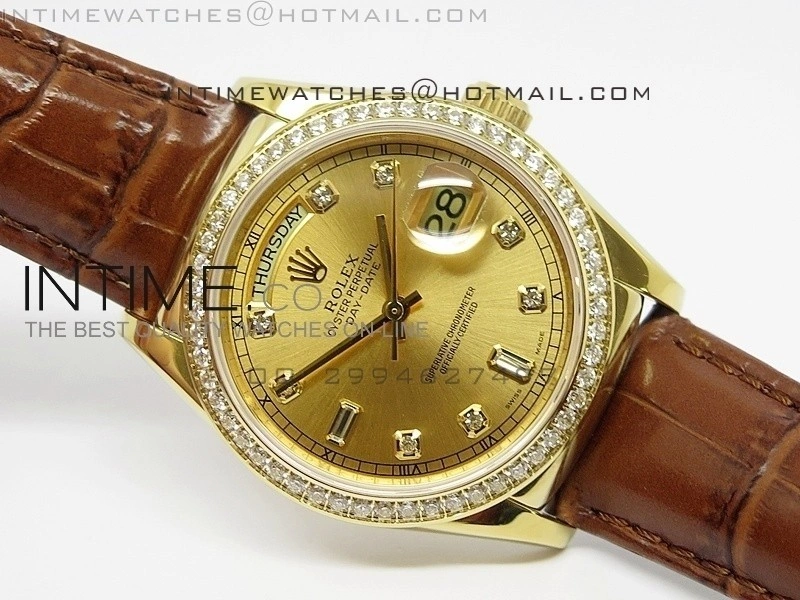 DayDate YG 36mm Gold Dial Diamond Bezel On Leather Strap