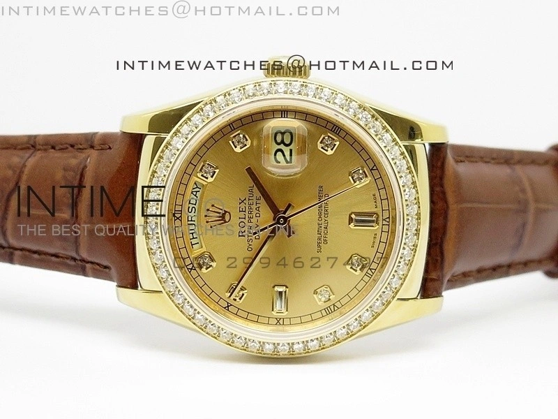 DayDate YG 36mm Gold Dial Diamond Bezel On Leather Strap
