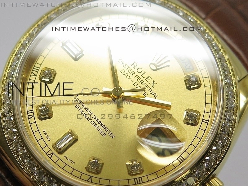 DayDate YG 36mm Gold Dial Diamond Bezel On Leather Strap