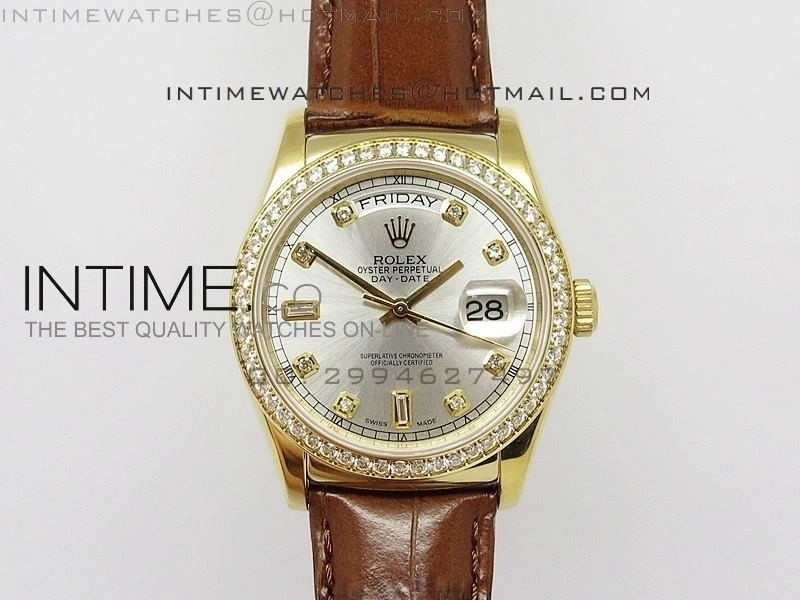 DayDate YG 36mm Silver Dial Diamond Bezel On Leather Strap